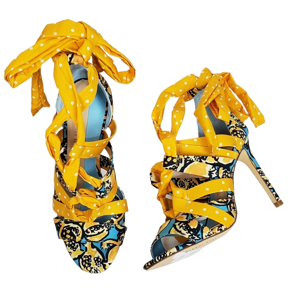 Gianni Bini Yellow Patterned Wrap-Heel Sandals - Picture 6 of 13